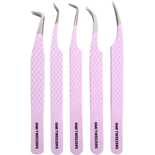 GMI Lash Tweezers - Set of 5 Eyelash Tweezers- Stainless Steel Eyelash Extension Tweezers - Multipurpose Lash Tweezers for Eyelash Extensions for Individual. (Pink)