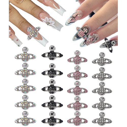 dreamynini Planet Nail Charms 20Pcs for Acrylic Nails Y2K 3D Rhinestones Gems Silver Diamond Jewelry Kawaii DIY Art Decoration Supplies Girls and Women (Pink,Silver,Black,Galaxy)