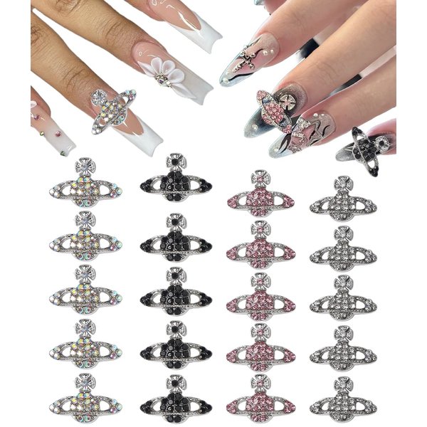 dreamynini Planet Nail Charms 20Pcs for Acrylic Nails Y2K 3D Rhinestones Gems Silver Diamond Jewelry Kawaii DIY Art Decoration Supplies Girls and Women (Pink,Silver,Black,Galaxy)