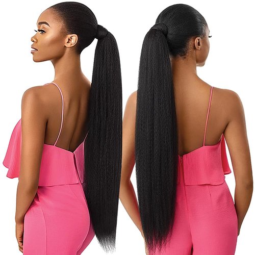 30 Inch Kinky Straight Ponytail Extension, Soft & Natural as Human Hair, Wrap Around Ponytail Extension for Black Women, Long Italian Yaki Synthetic Hair Extension, Natural Black(1B)
