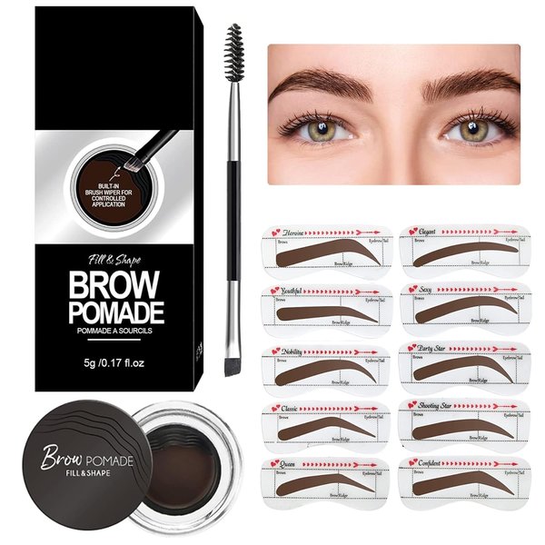 Eyebrow Stamp Stencil Kit Eyebrow Pomade Waterproof Eye Brow Stamping Kit Brow Stamp Trio Kit 10 Eyebrow Stencils With Dual Ended Brow Brush Perfect Natural Brow Pomade Eyebrow Kit Dark Brown