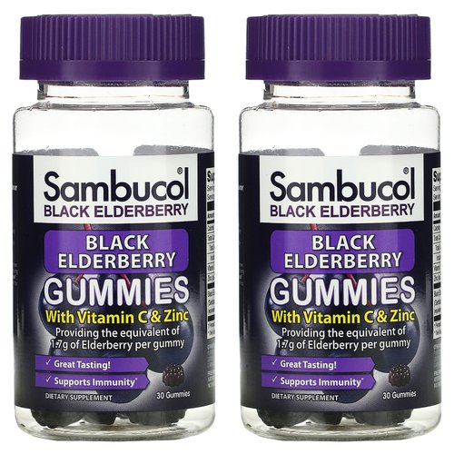 Sambucol Black Elderberry Gummies with Vitamin C & Zinc - Sambucus Elderberry Gummies for Immune Support, High Antioxidants, Gluten Free, Vegan, Elderberry with Zinc & Vitamin C - 30 Count, 2 Pack