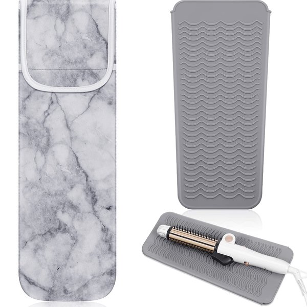 Shappy 2 Pieces Flat Iron Case Heat Resistant Travel Bag Curling Iron Organizers and Storage Neoprene Straightener Holder and Silicone Hot Hair Tools Travel Bag(Marble Style)