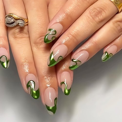 St. Patrick’s Day Press on Nails Medium Length Almond Fake Nails Glossy Green Glitter False Nails Gel Glue on Nails Full Cover Acrylic Artificial Nails for Women Girls Manicure 24Pcs