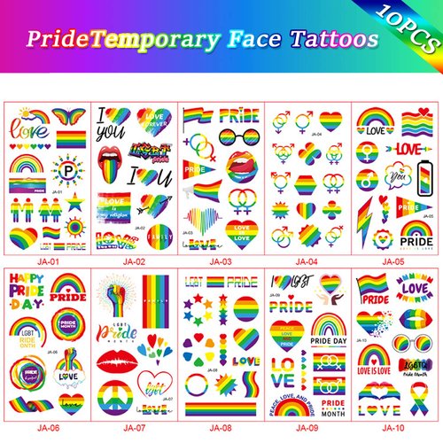 10 Sheets(108PCS) Pride Day Temporary Tattoo for LGBT Gay Pride Fake Tattoos Rainbow Flags Hearts Lips Stars Ribbons Tattoo Stickers Pride Parades Celebrations Party Supplies for Arm Body Face