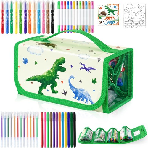 WERNNSAI Dinosaur Marker Set with Pencil Case - 56 PCS Scented Markers for Kids Boys Birthday Christmas Gift Painting Coloring Markers Pens Set Art and Craft Set with Stickers and Coloring Papers