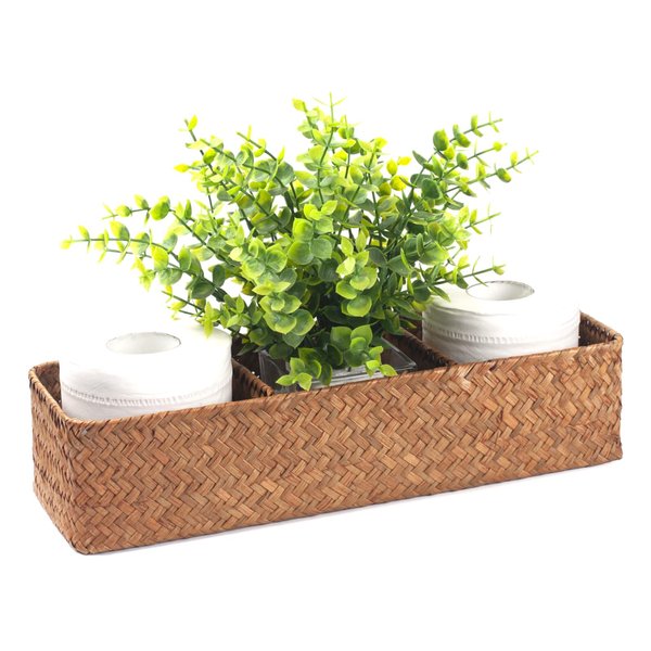 DOKOT Toilet Tank Basket,Toilet Paper Basket, Bathroom Baskets for Organizing, Toilet Basket Tank Topper,Seagrass Toilet Tank Basket with 3 Section, Woven Storage Basket for Kitchen,Toilet, Dresser