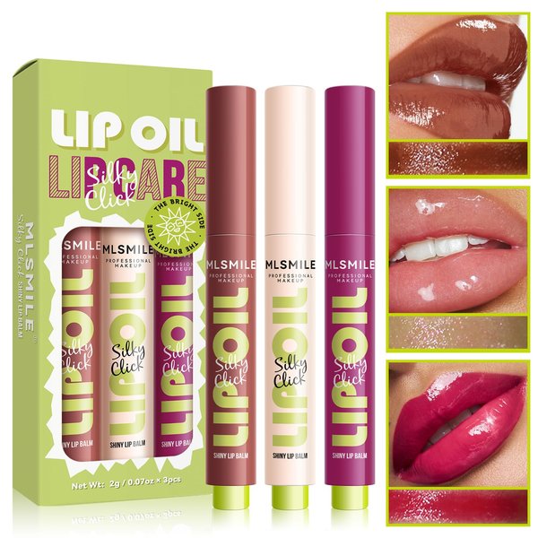 3 Colors Fat Lip Oil Slick Click Press Lipstick, Moisturizing Lip Balm Korean Shining Mirror Lip Gloss Nourishing Solid Lip Glaze, Plump Your Lips, High Pigmented Vegan Lip Oil Non-Sticky (B#)