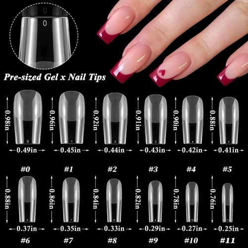 LoveOurHome 600pc Square Gel x Nail Tips Long Fake Nail Clear Full Cover False Nail Tips Square Artificial Fingernails Soft Gel X Nail Art Tips for Acrylic Nails Gel X Extension Press Nail Making