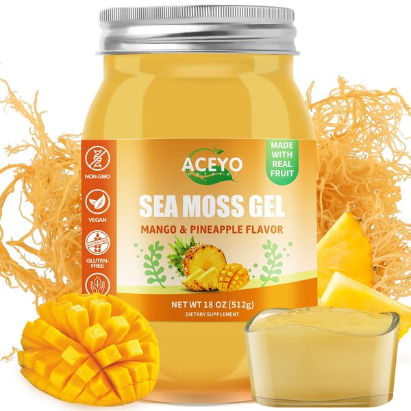 (18 OZ) Irish Sea Moss Gel Organic Raw Vegan Mango Pineapple Flavor 102 Vitamins and Minerals Wild Harvested Non-GMO Immune Defense Booster Thyroid Digestive Support