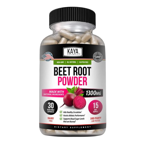 Kaya Naturals Premium Organic Beet Root Powder Supplements - Promotes Healthy Circulation and Nitric Oxide Flow - Non-GMO and Gluten Free - 30 Count