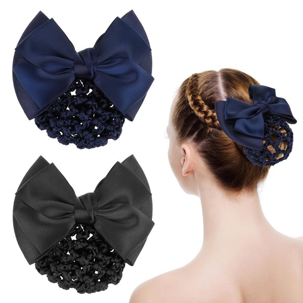 2 Pcs Hair Net with Bow Hair Bun Holder Women Hair Snood Net Bowknot Elastic Mesh Hair Bun Cover Women Hair Clip with Butterfly Ribbon Barrettes Net Snood Hairnet Bow-knot Decor