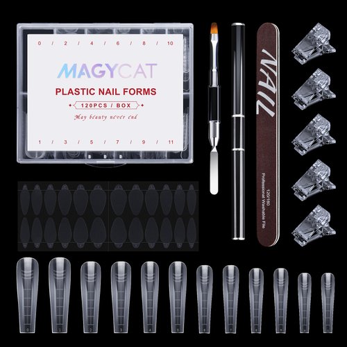 Nail Dual Forms for Poly Gel Set, 120 Pcs Coffin Shape Nail Poly Gel Extension Forms with Nail Clips Gel Brush Picker Nail Files , Gel Nail Mold kit for Nail Art Design Salon DIY