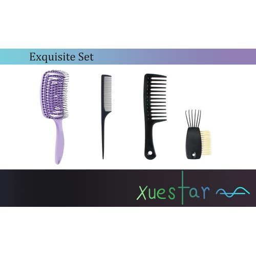 XueStar 4Pcs Hair Comb Set,Hair Brush Set,Detangling Paddle Brush,Wide Toothed Comb,Cleaning Tool,For Women And Men,For Various Hair Types,Curly Straight Long Short Dry Wet Hair(Purple)