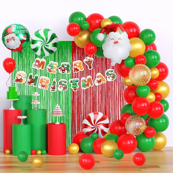 GYIPFIPA 71 Pcs Christmas Balloons Garland Arch Kit Christmas Gold Sequined Balloons, Red Green Foil Fringe Curtain Christmas Birthday Backdrop Party Balloons Supplies