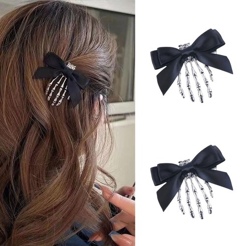 2pcs Bow Skeleton Hand Hair Clips - Halloween Silver Alloy Claw Clips for Thin/Thick Hair, Non-Slips Small Hair Claw Clips, Fashion Metal Hand Hair Clips with Design Hair Accessories for Women