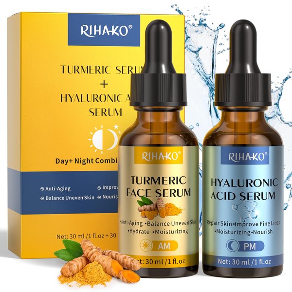 RIHAKO Face Skincare Serum Set– Turmeric Vitamin C & Hyaluronic Acid Serum For Wrinkles, Uneven Skin Tone