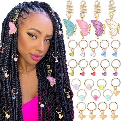 SAWINDA 25PCS Butterfly Hair Clips for Braids Heart Gold Loc Jewelry Colorful Beads Hair Dreadlocks Clips Spring Half Butterfly Hair Pendant Rings Dreadlock Accessories Decoration for Women and Girls