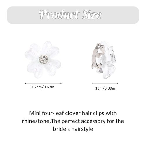 10 Pcs Small Flower Hair Clips with Rhinestone Mini Clover Cute Hair Pins Wedding Bridal Hair Accessories Decorative for Fine Hair Barrettes for Girls Women(White)