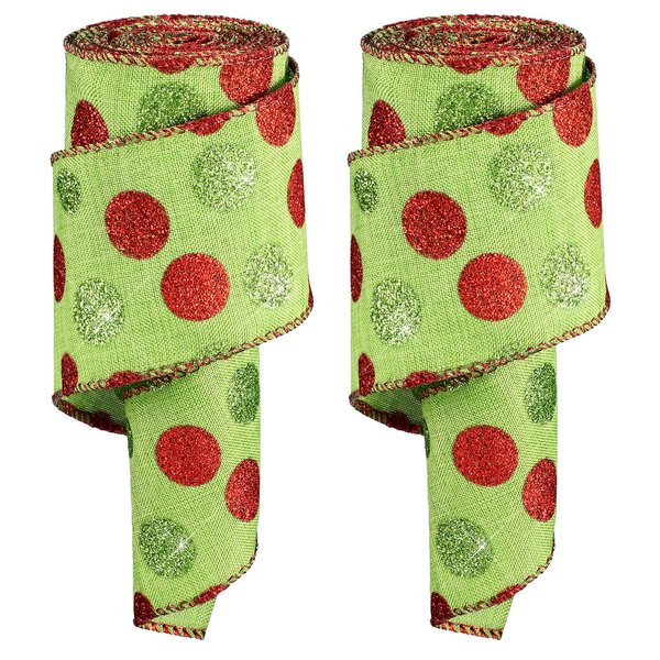 Tatuo 2 Rolls Christmas Wired Ribbon Christmas Glitter Burlap Ribbon Green Red Polka Dot Ribbon Christmas Tree Decoration DIY Craft Bows Wreath(Green Base, 2.5 Inch x 216 Inch Per Roll)