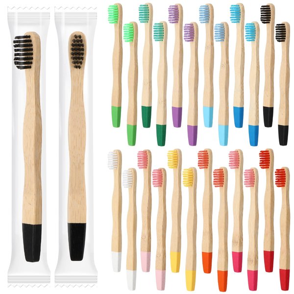 24 Pcs Kids Bamboo Toothbrushes Soft Bristles BPA Free Wood Toothbrush Bulk Colorful Wooden Handles Children's Toothbrush for Toddler Home Travel Teeth Oral Dental Care Individually Wrapped, 5.7 Inch