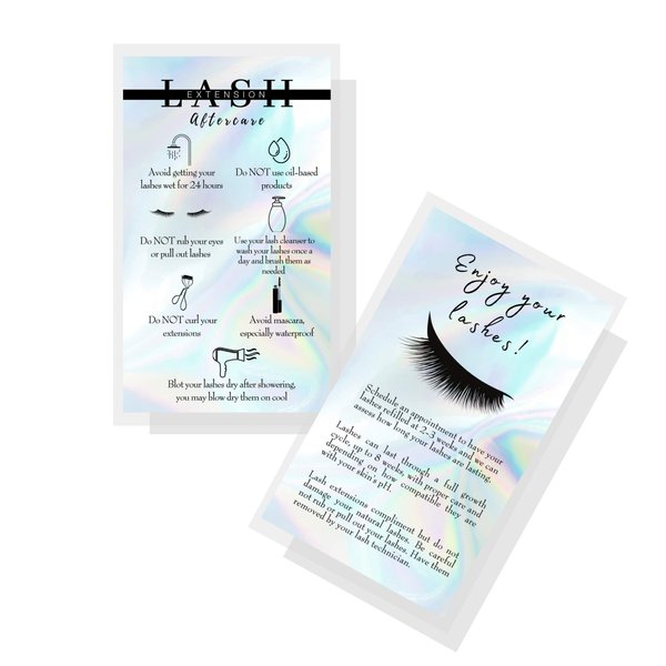 Boutique Marketing LLC Lash Extension Aftercare Cards | 50 Pack | Business Card Size 3.5 x 2 inches | Non-Reflective Matte Rainbow Holographic Look Design