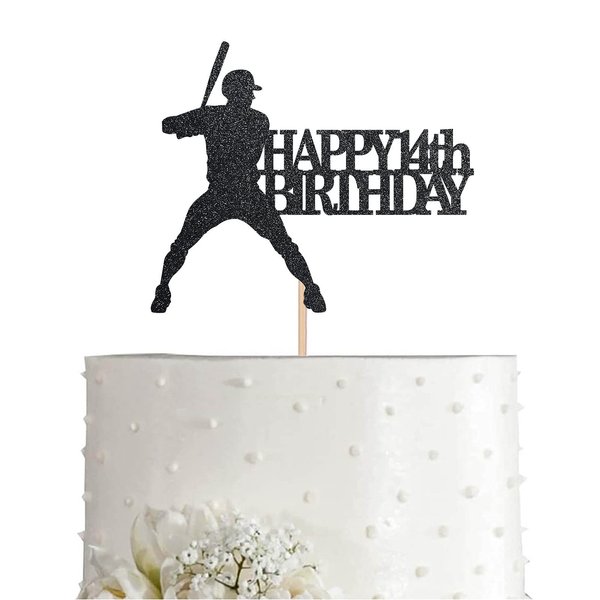 Black Baseball 14 Birthday Cake Topper, Glitter Happy 14th Birthday Party Decoration