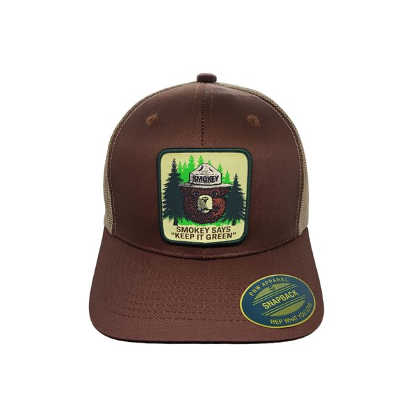 PNW Apparel Smokey The Bear Keep it Green Snapback Trucker Hat with Smokey The Bear Woven Patch (Brown/Tan)