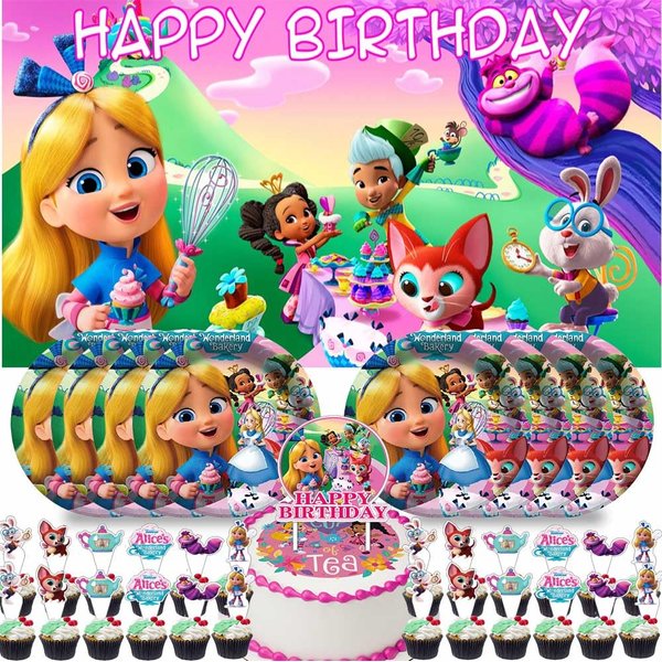 Alice Wonderland Bakery Party Supplies Birthday Decorations Plates Banner Kids Cake Toppers Set Decorations Decor
