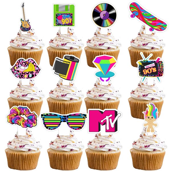 24pcs Double-sided Dessert Cupcake Topper Pick for Retro 90s Rock Roll Theme Decor Supplies Boys Girls Happy Birthday Music Party Decorations