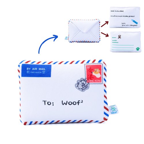 Woof² Hong Kong Airmail Soft Plush Nose-Work Squeaky Dog Toy - Durable & Cute 2-in-1 Envelope & Letter for Interactive Play, Extendable Cloth to Hide Food for Puzzle Fun, Small Medium Dogs