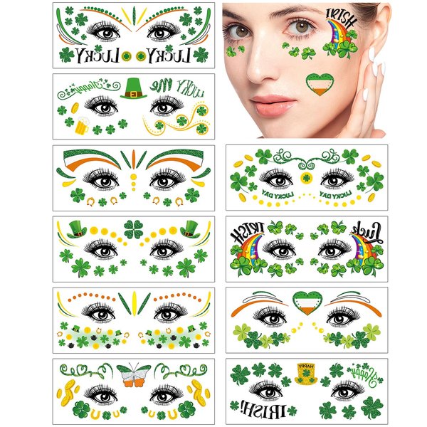 St Patricks Day Tattoos, 10 Sheets of St Patricks Day Face Stickers for Kids, Shamrock Temporary Tattoos Adult, St Patricks Day Decorations Accessories, Irish Stickers Green Face Tattoo Kit