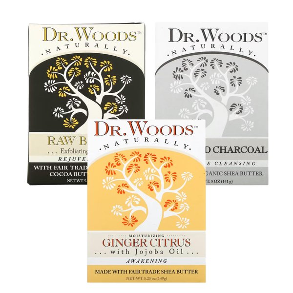 Dr. Woods Natural Bar Soap Variety Pack - Activated Charcoal, Raw Black, Ginger Citrus - Suitable for All Skin Types, 3 Pack