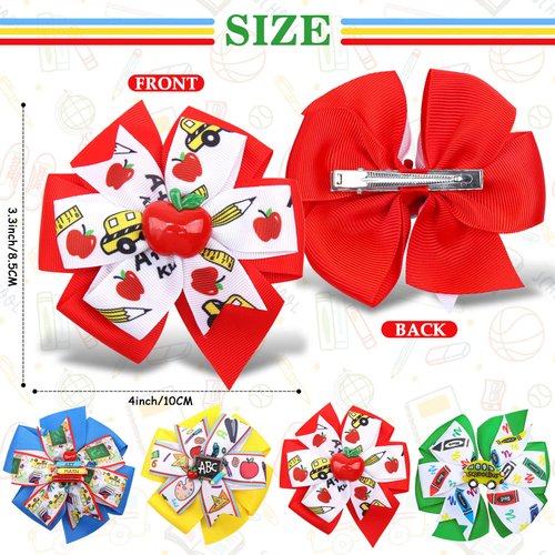 Whaline 4Pcs Back to School Bow Hair Clips Apple Book Blackboard School Bus Hair Bow Barrette Colorful Grosgrain Hairgrips Alligator Clips for First Day of School Kindergarten Hair Accessories