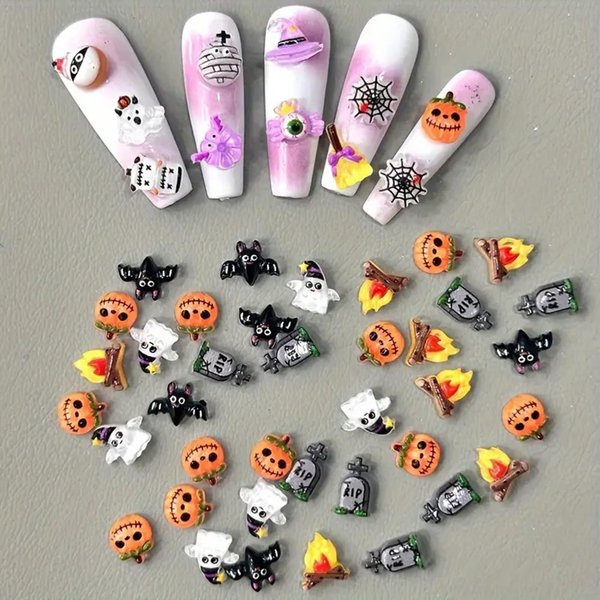 56Pcs Halloween Nail Art Charms Set 3D Resin Gothic Halloween Nail Art Charms Pumpkins Witch Hats Bats Spider Webs Nail Art Accessories Spooky Resin Ghost Nails Halloween Decorations for Women
