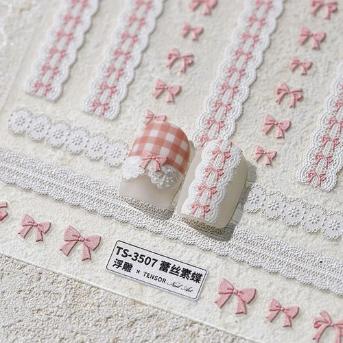 1pcs Bow Nail Stickers - Diowino Retro Relief Pink Bowknot Nail Decals French Style Self-Adhesive Lace Bow Knot Nail Art Stickers Cute Nail Accessories for Women Girls Nail DIY