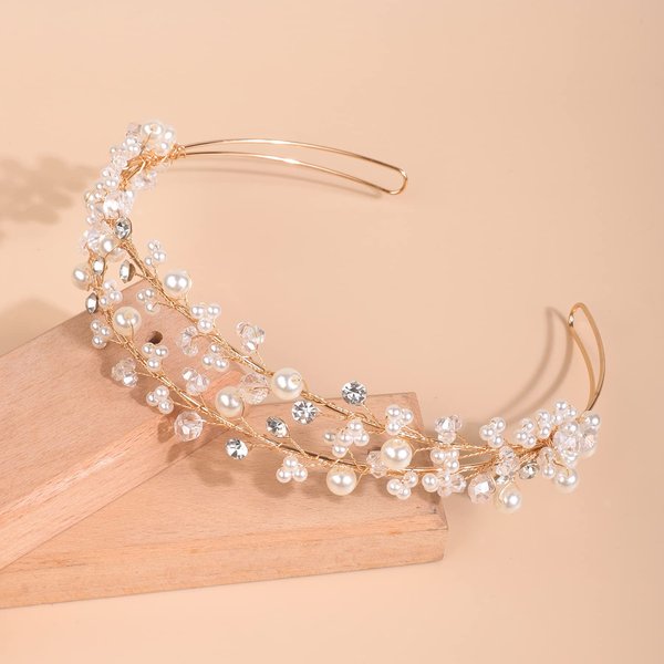 Xerling Gold Crystal Tiara Pearl Rhinestone Headband for Girls Layered Hair Band Bride Wedding Floral Hair Accessory Bridal Jewelry (Gold)