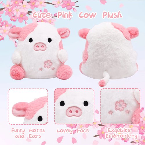 LMTGLDT Pink Cow Plush Doll, Kawaii Cow Stuffed Animals Sakura Plush Cow Hugging Cow Pillow, Cute Pink Cow Plushie Toy for Kids Girls Boys Birthday Gift