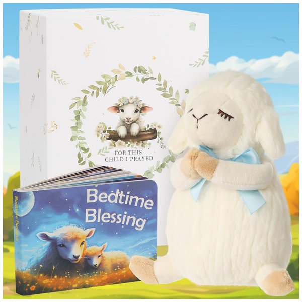 Sawnfay Baptism Gifts for Boys, Baptism Gifts and Newborn Baby, Christening Gifts Set, 7" Praying Lamb Plush Toy and Bedtime Blessing Board Book in Keepsake Gift Box, Ideal Easter Gifts for Kids