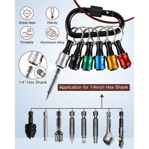 Katerk Portable Bit holder Keychain 12pc - 1/4 inch Hex Shank Screwdriver Bits Retainer W/Black Carabiner, Light-weight Extension Bar Drill Screw Adapter Quick-change Bit Catcher (6 Colors)