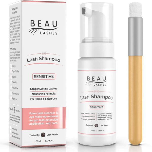 Eyelash Extension Foam Cleanser Shampoo & Brush (50ml) - Oil Free Sensitive Paraben & Sulfate Free Eyelid/Lash Foaming Wash Cleaner To Remove Makeup & Mascara - Ideal For Salons And Home Care