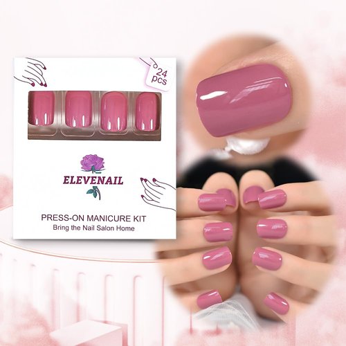 ELEVENAIL Daily Glossy Deep Purple Pink Red Press on False Nails Short Square Fake Fingernails Salon DIY Reusable Acrylic Nail Art Tips Manicure Gifts with Adhesive Tabs Nail File
