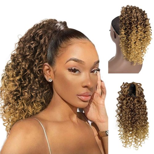 Deep Curly Drawstring Ponytail Extension for Black Women Afro Kinky Curly Pony Tail Hair Piece Synthetic Hair Extensions With 2 Clips 14 Inches (T33/27)