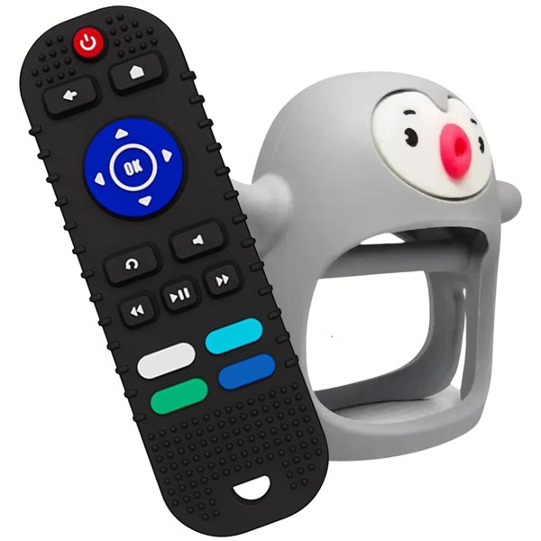 Cozy Tykes Combo Teething Toys Baby Toys 3 months and up Silicone Teether In 2 Styles Perfect Toddler Toys and Gift Set Baby Girl Gifts Baby Boy Gifts Tv Remote Teether and Cute Penguin Teether (grey)