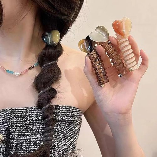 4 Pcs Heart Spiral Hair Ties, Heart Design Ponytail Elastic Hair Bands Rubber Ties Bundle Scrunchies Telephone Wire Ponytail Holders Hair Accessories for Women