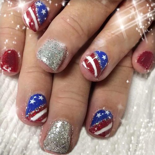 24Pcs Short Square Press on Nails 4th of July Press on Nails Fake Nails Silver Glitter Full Cover Glue on Nails Petite Artificial Glossy Designs Reusable Independence Day False Nails for Women Girls