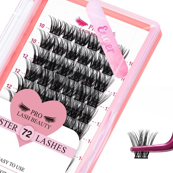 Cluster Lashes, 72 Pcs Individual Lashes, Lash Clusters DIY Eyelash Extension, Super Thin Band Reusable Soft & Comfortable (Eager-D-10-16mix)