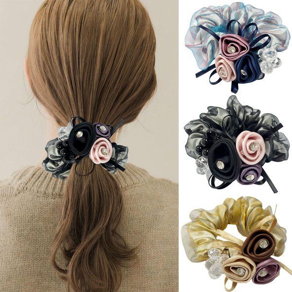 Flower Hair Scrunchies for Women, UNLONLEG 3Pcs Rose Rhinestone Hair Ties No Damage, Jewelry Rubber Band, Cystal Elastic Hair Tie, Hair Accessories for Women & Girls, Blue, Light Brown and Black(A#)