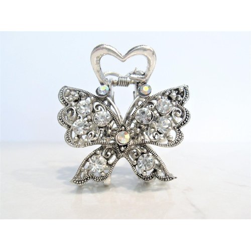 Medium sized silver metal crystal butterfly hair claw clip bridal clip