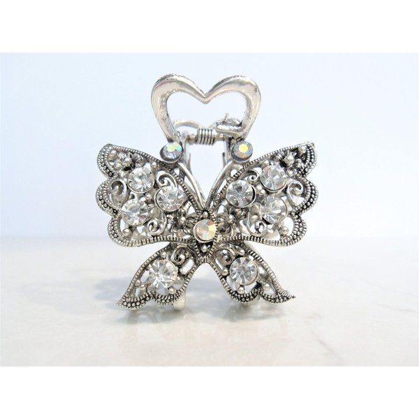 Medium sized silver metal crystal butterfly hair claw clip bridal clip